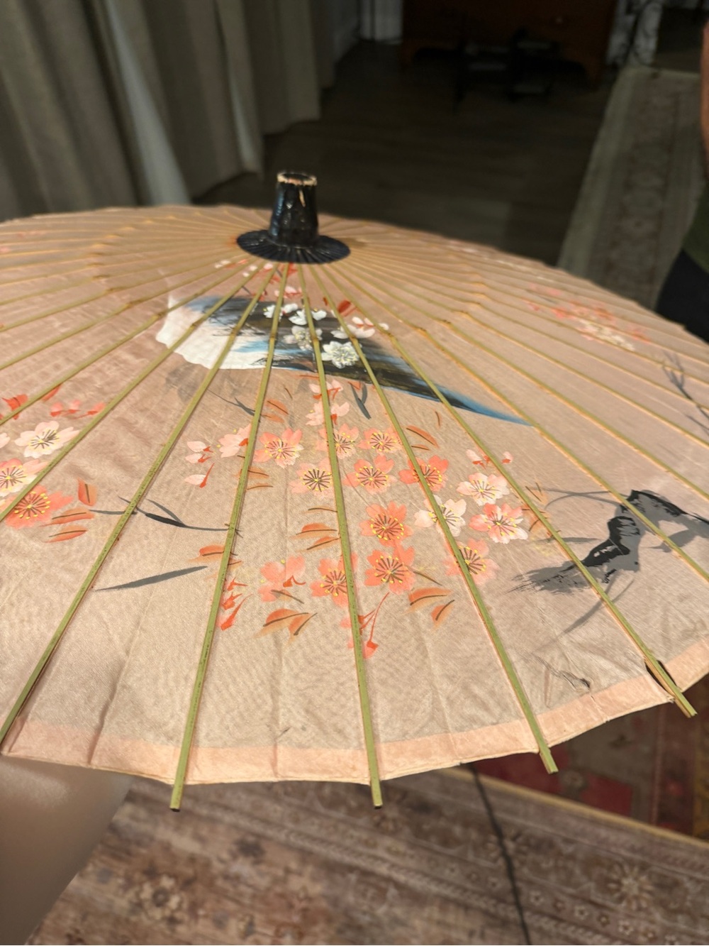 Vintage Pink Floral and Bird Silk Parasol